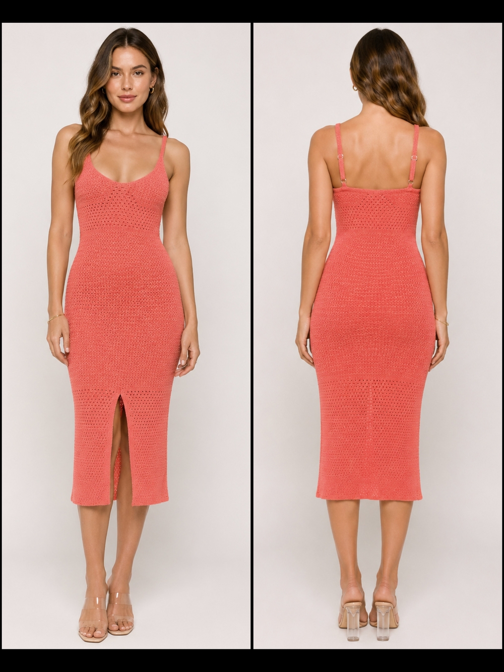 Womens Sleeveless Coral Knit Boho Midi Dress with Front Slit Size XXS
